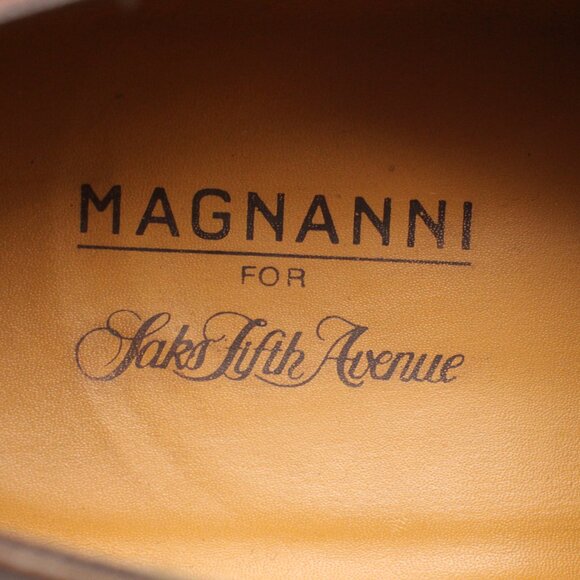 Magnanni Saks Fifth Avenue Men's 8.5 M Derby Shoes Brown Leather Medallion Toe - Picture 10 of 13